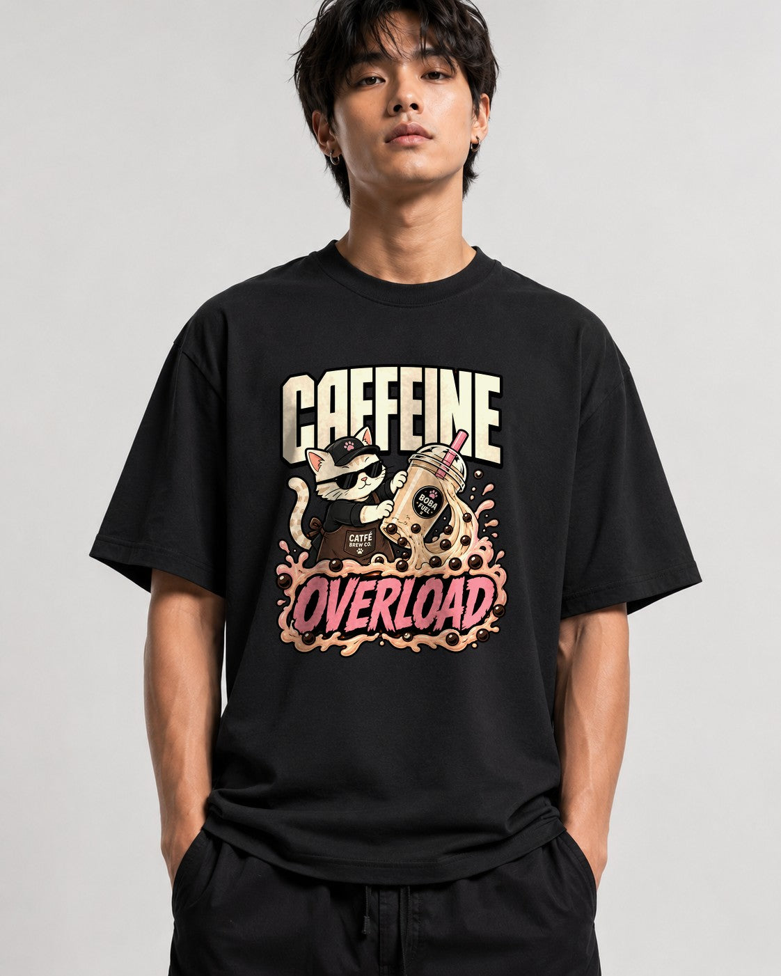 Caffeine Overload Cat Shirt - Boba Lover Cool Anime Graphic Tee - Black