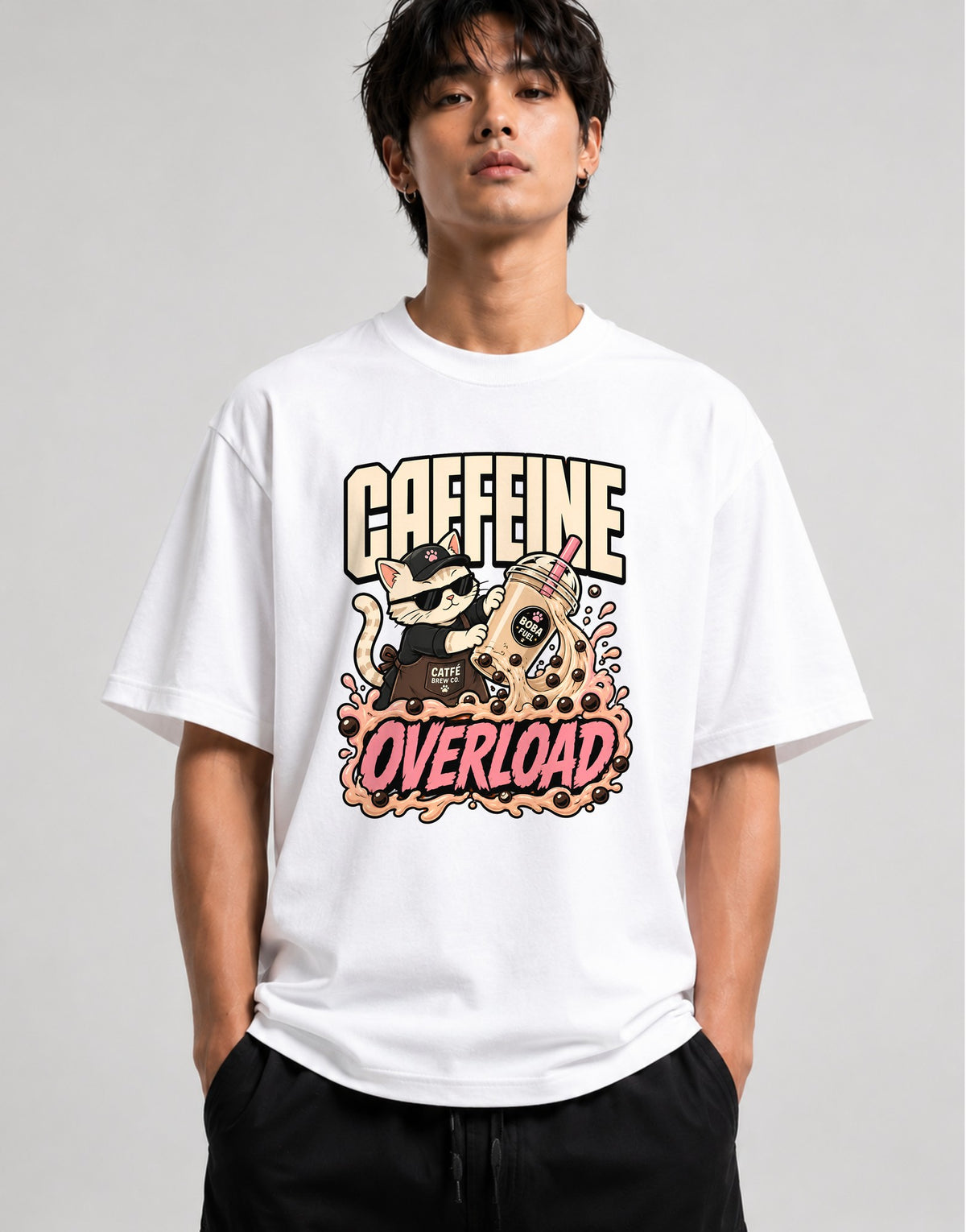 Caffeine Overload Cat Shirt - Boba Lover Cool Anime Graphic Tee - White