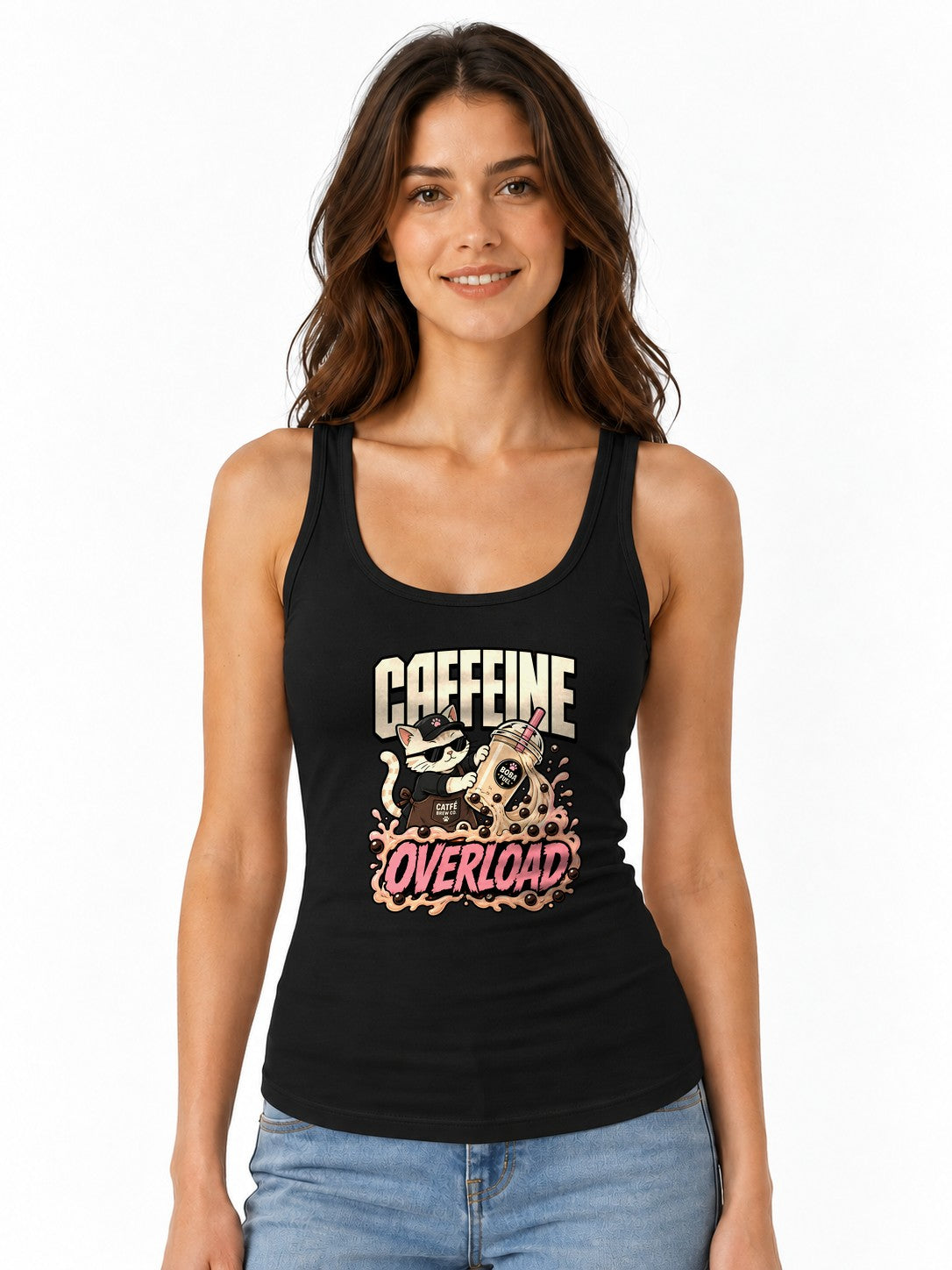 Caffeine Overload Cat Shirt - Boba Lover Cool Anime Graphic Tee - Black