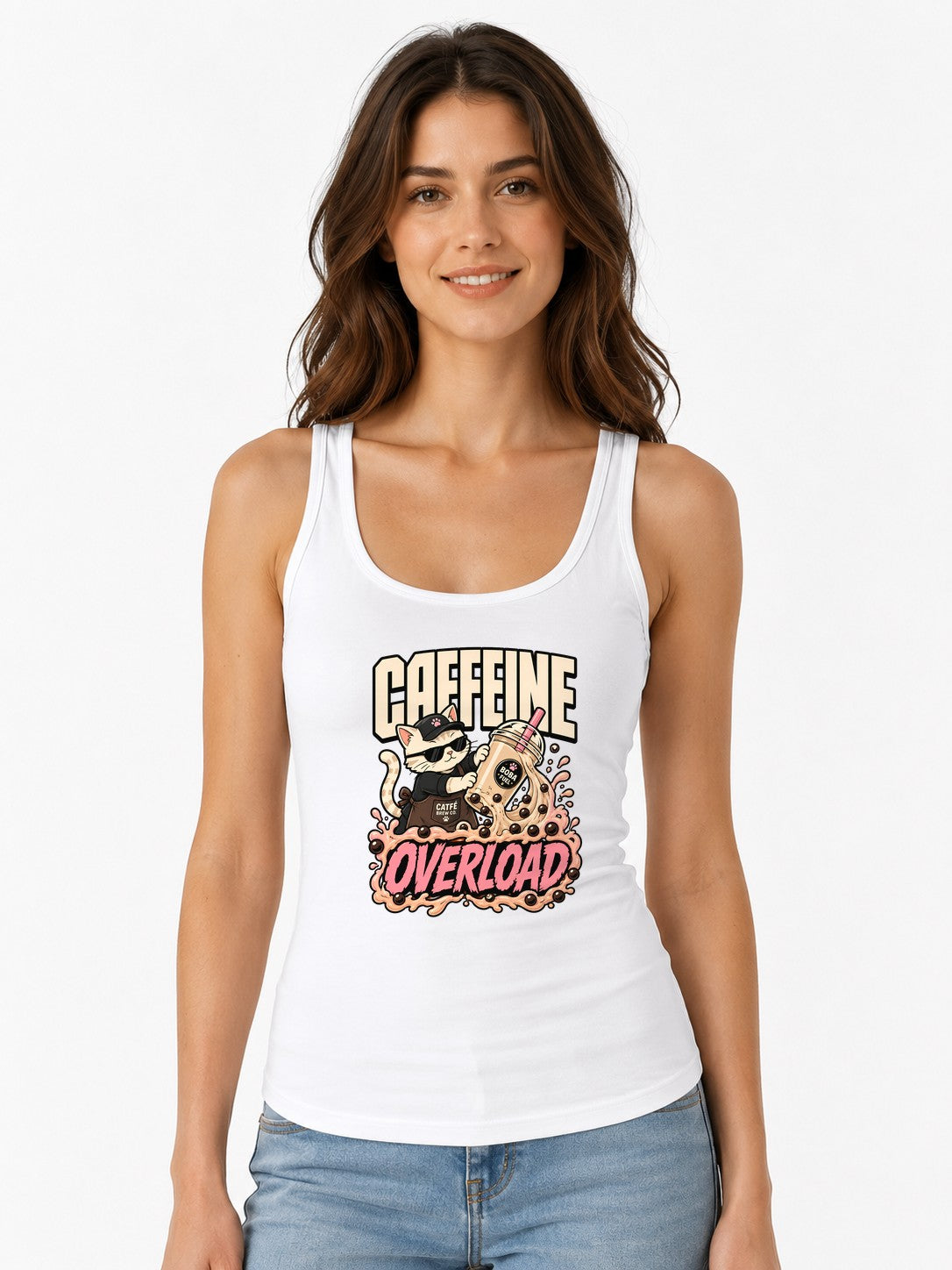 Caffeine Overload Cat Shirt - Boba Lover Cool Anime Graphic Tee - White