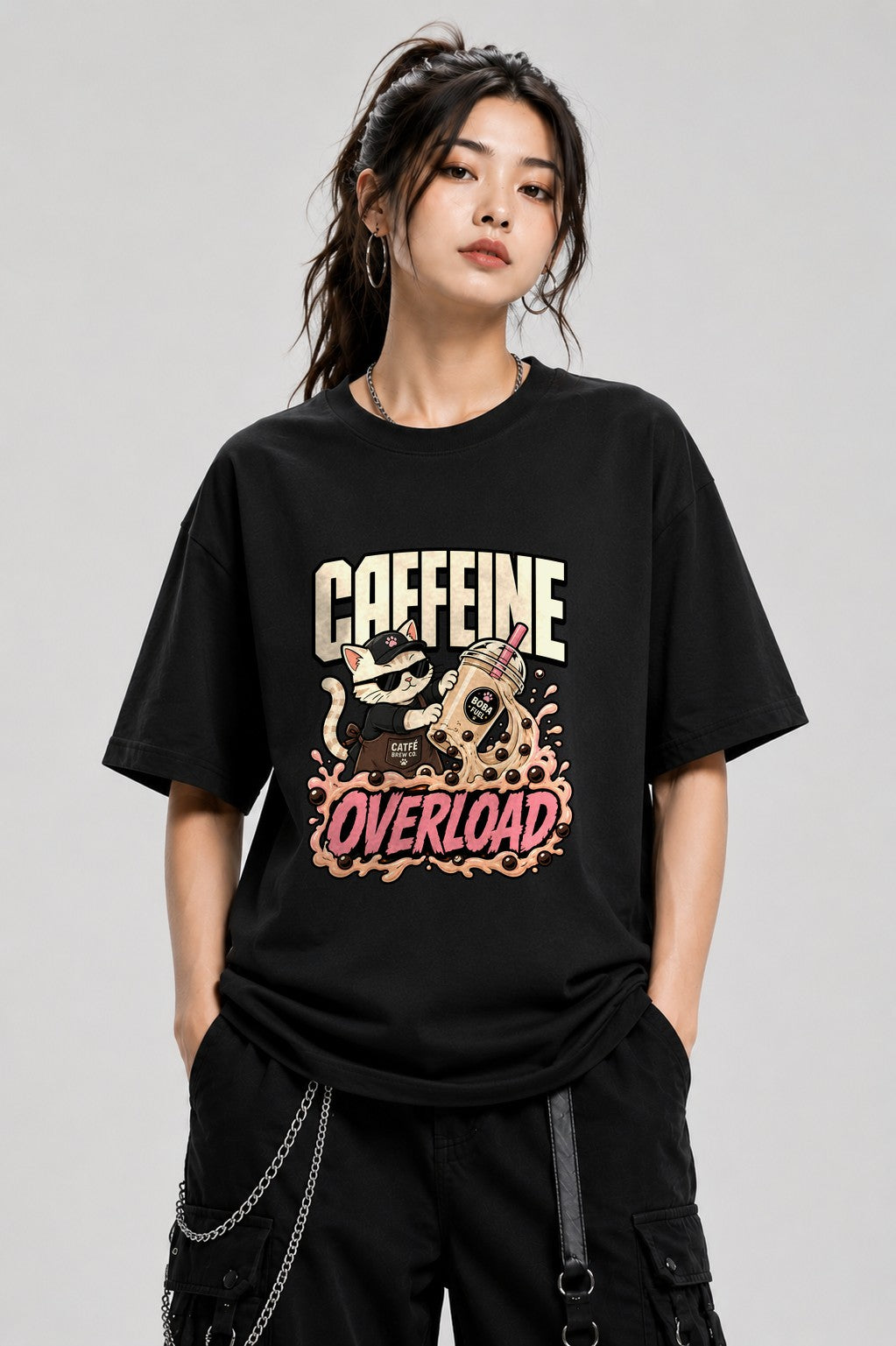 Caffeine Overload Cat Shirt - Boba Lover Cool Anime Graphic Tee - Black