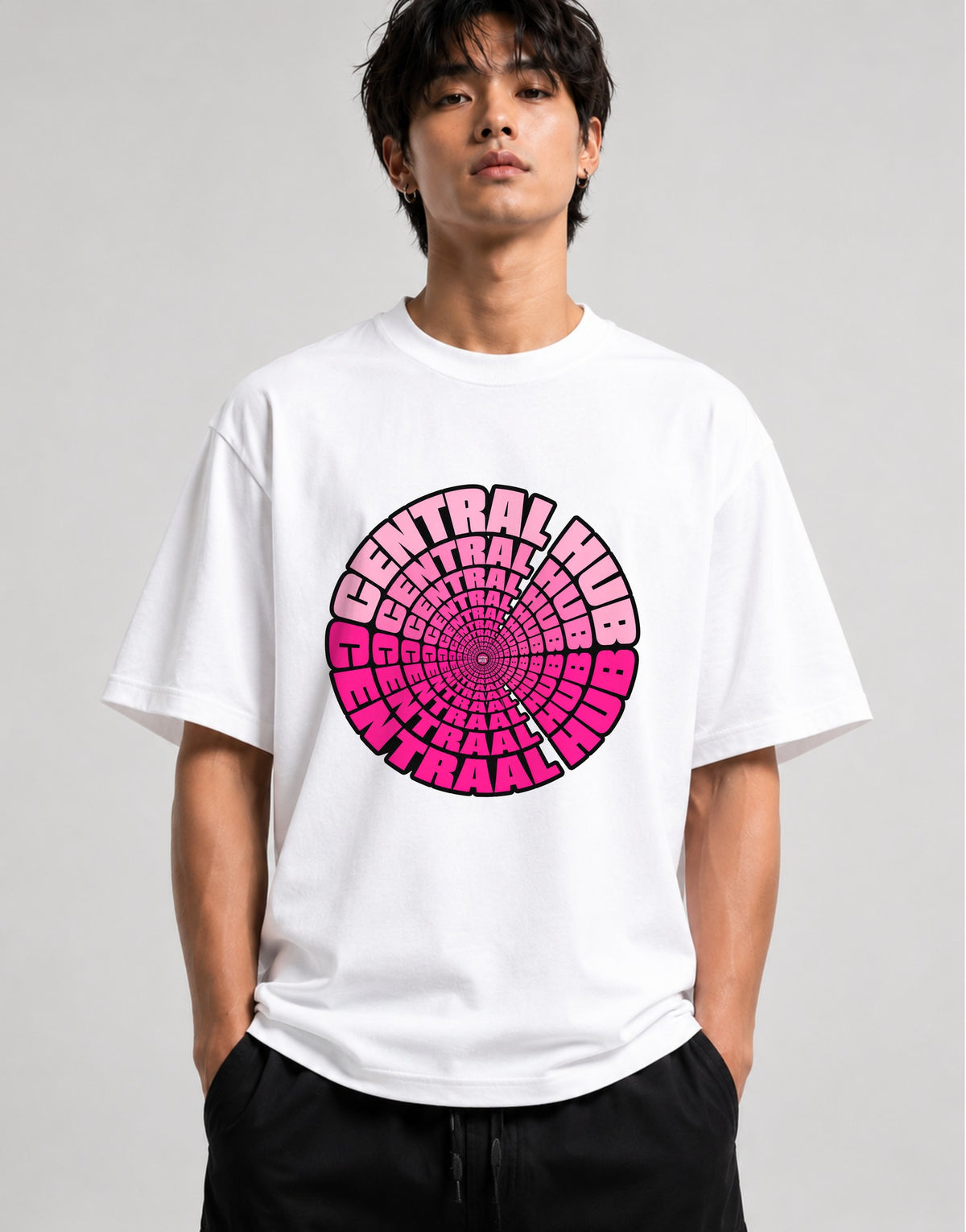 Central Hub Tunnel Shirt - Hypnotic Pink Spiral Vortex Graphic Tee - White