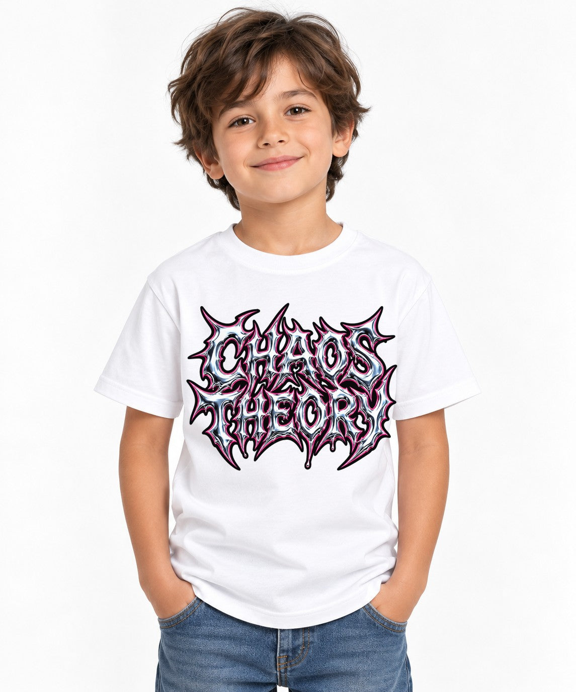 Chaos Theory Y2K Liquid Chrome Heavy Metal Streetwear Typography - White
