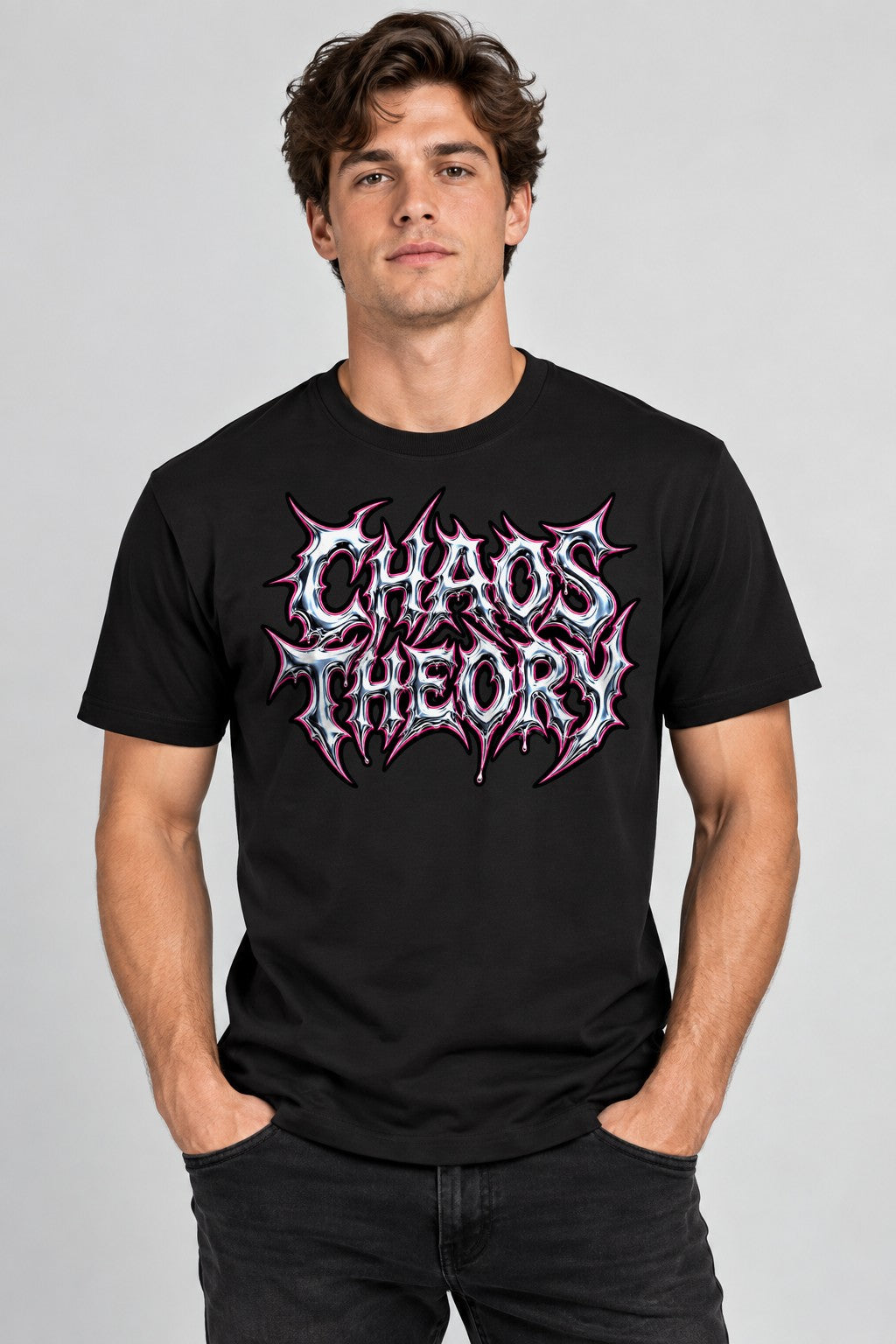 Chaos Theory Y2K Liquid Chrome Heavy Metal Streetwear Typography - Black