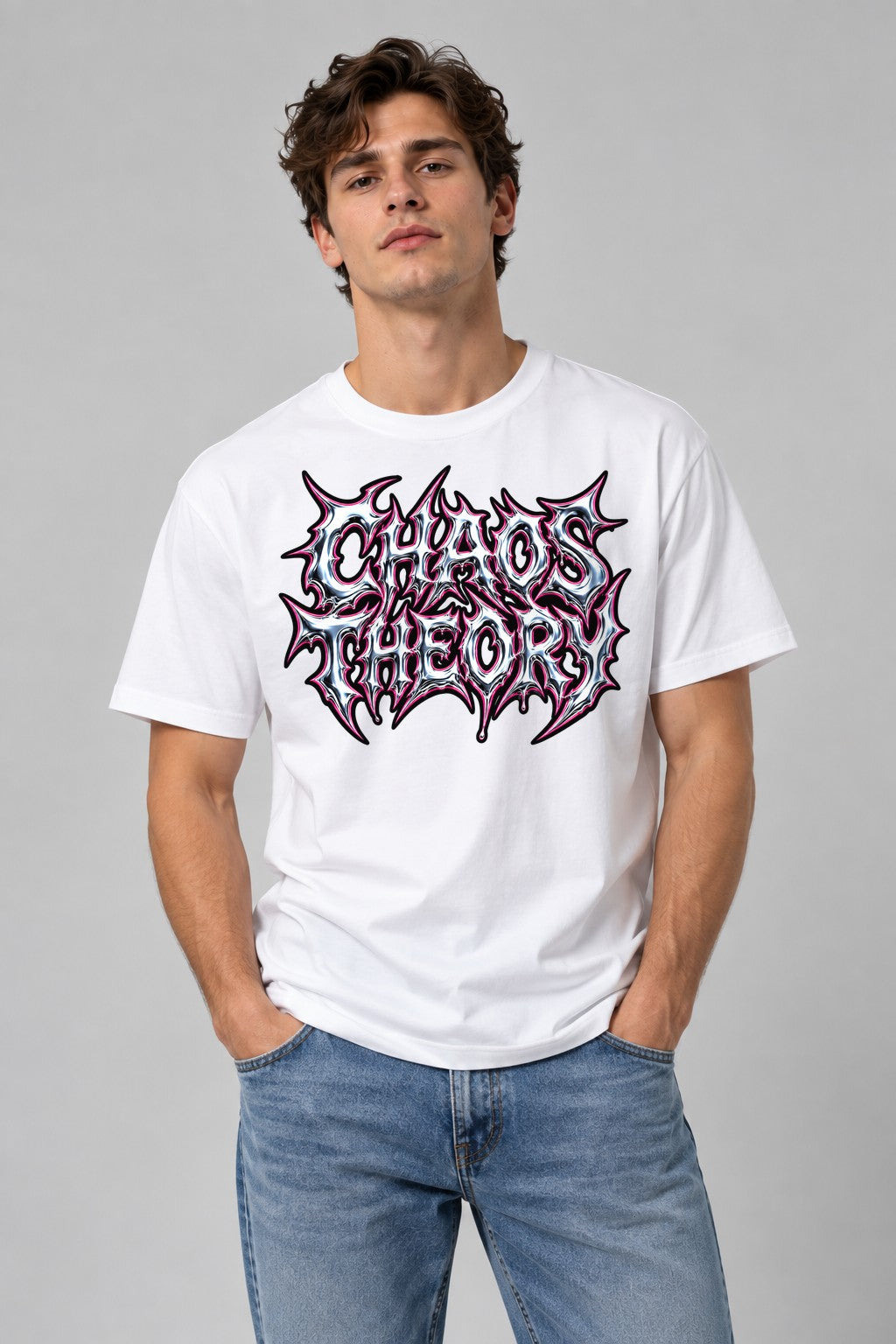 Chaos Theory Y2K Liquid Chrome Heavy Metal Streetwear Typography - White