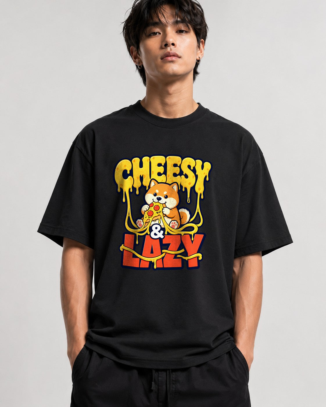 Cheesy & Lazy Shiba Pizza Lover Graphic Tee - Cute Dog Design - Black