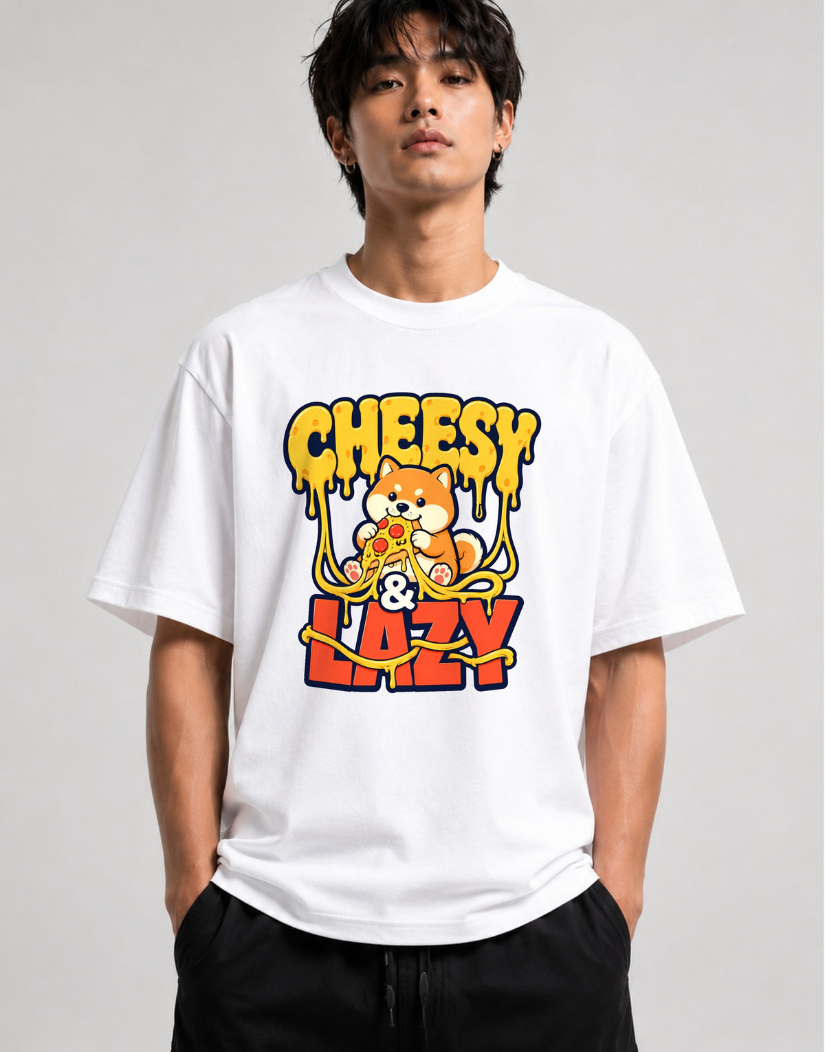 Cheesy & Lazy Shiba Pizza Lover Graphic Tee - Cute Dog Design - White