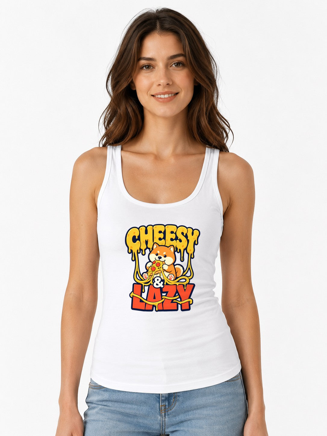 Cheesy & Lazy Shiba Pizza Lover Graphic Tee - Cute Dog Design - White