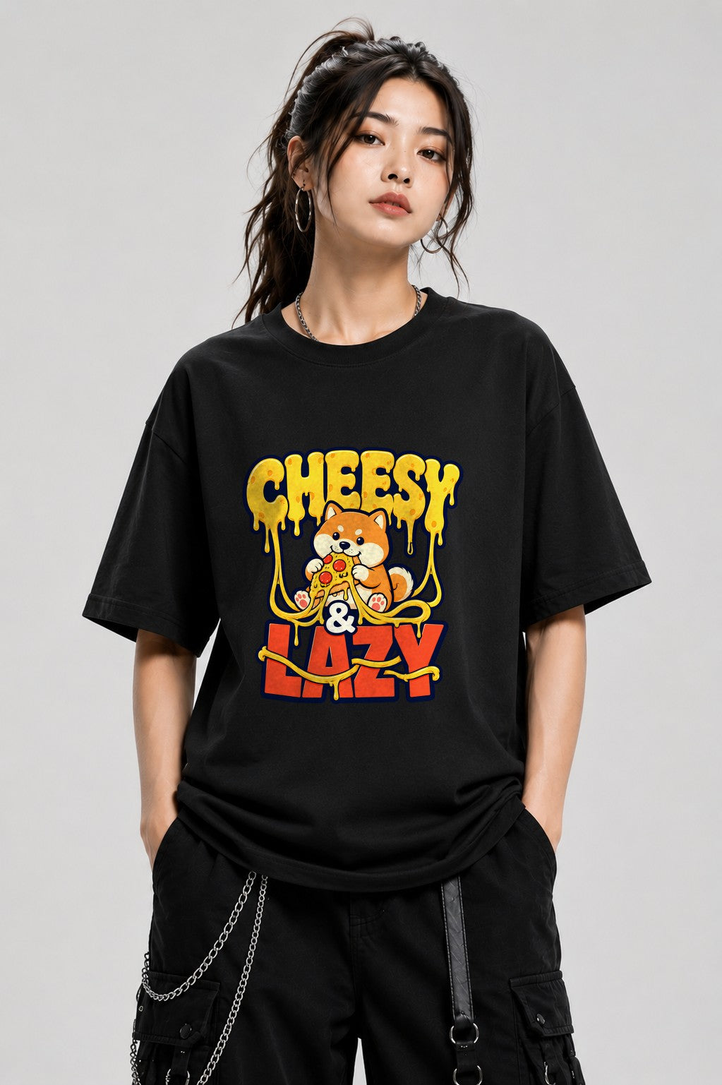 Cheesy & Lazy Shiba Pizza Lover Graphic Tee - Cute Dog Design - Black