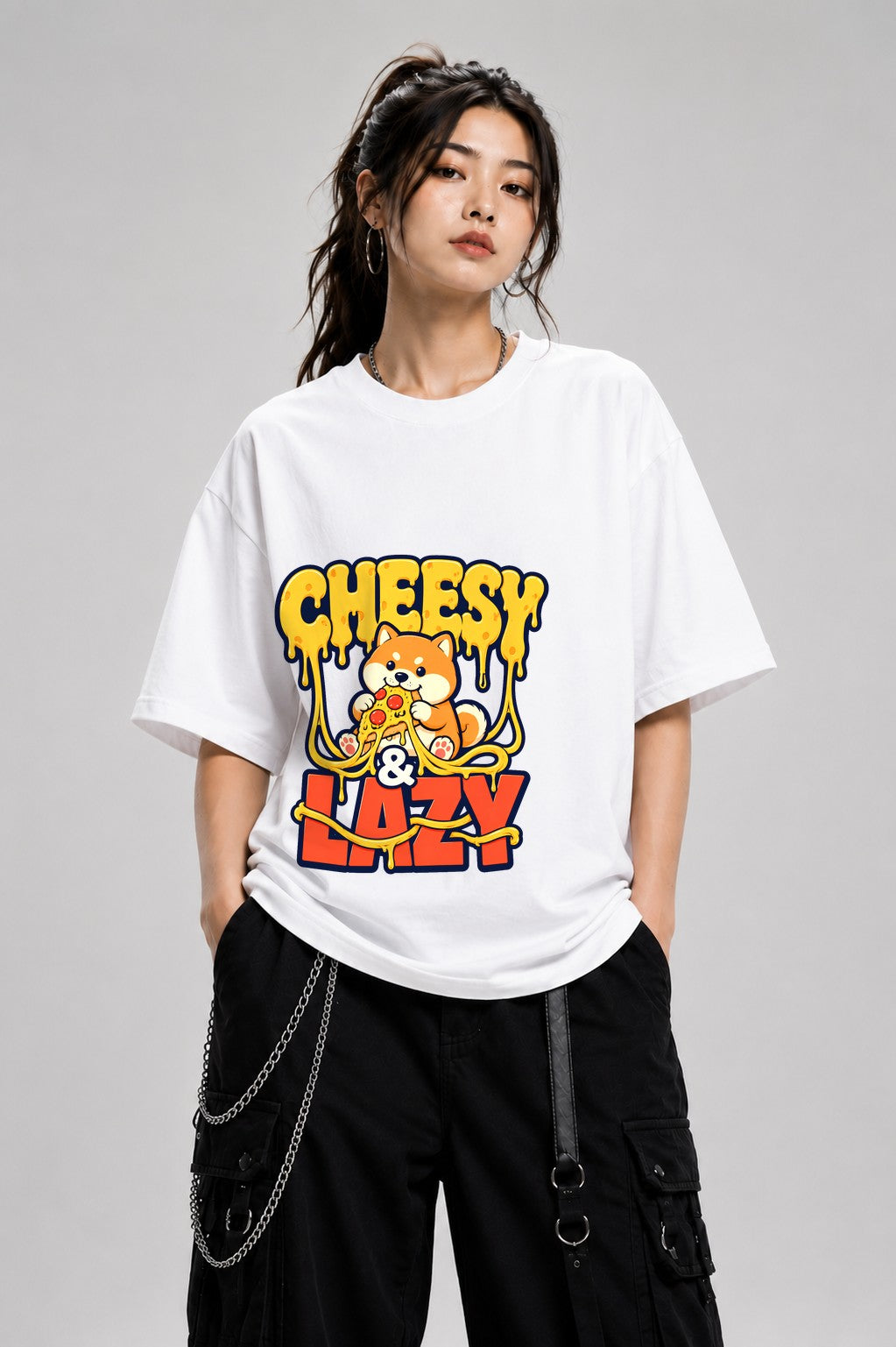 Cheesy & Lazy Shiba Pizza Lover Graphic Tee - Cute Dog Design - White