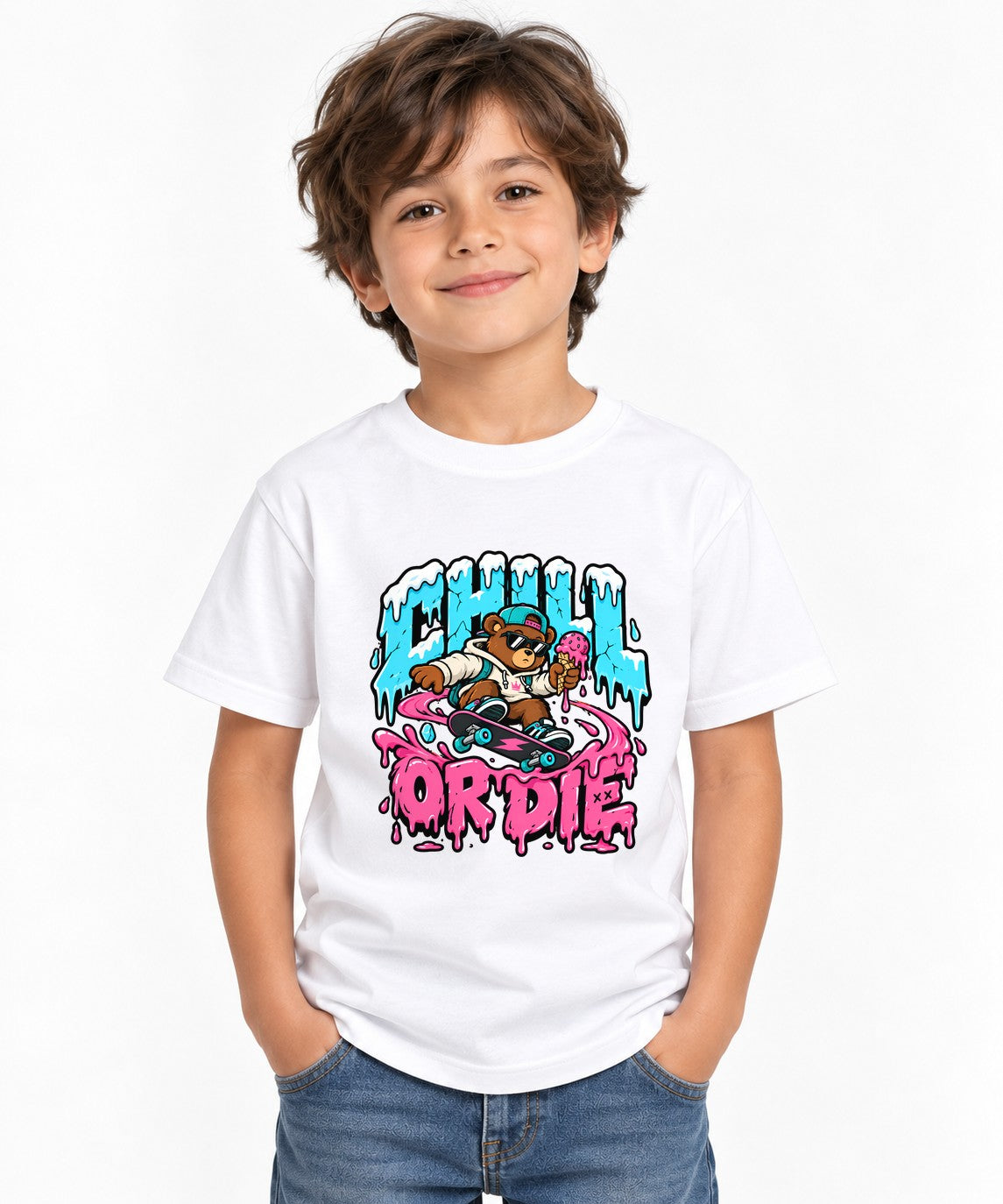 Chill Or Die Skateboarding Bear Graphic Tee - Street Art Style - White