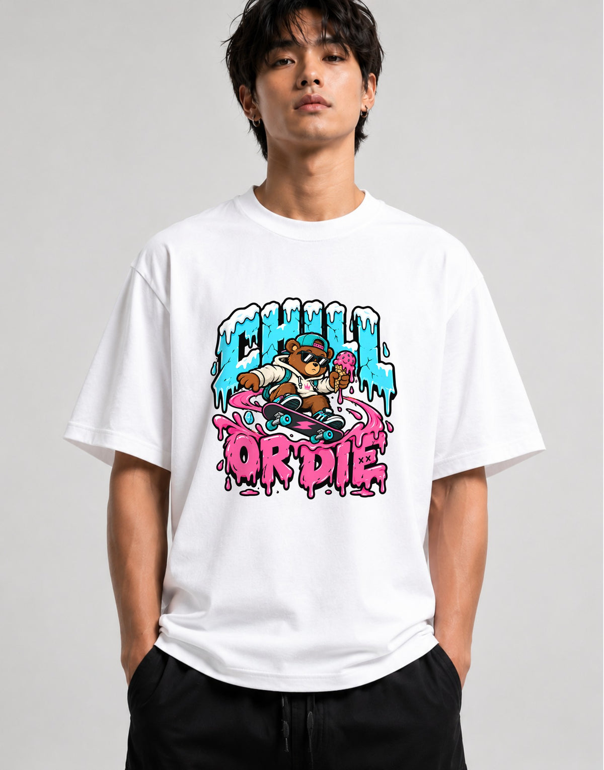 Chill Or Die Skateboarding Bear Graphic Tee - Street Art Style - White
