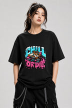 Chill Or Die Skateboarding Bear Graphic Tee - Street Art Style - Black