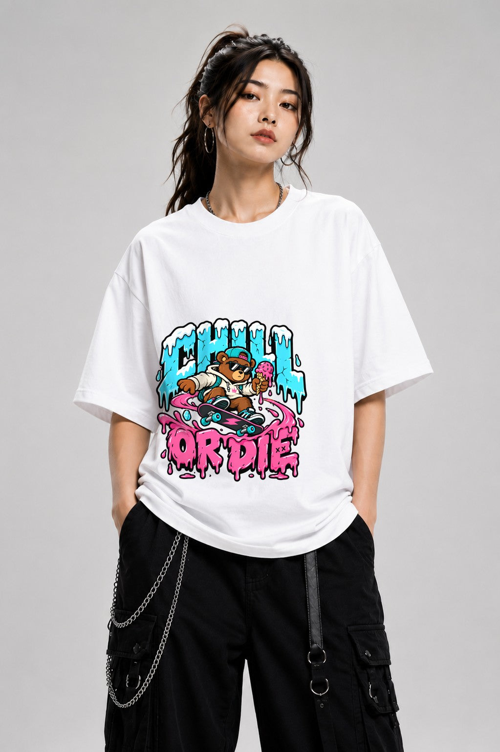 Chill Or Die Skateboarding Bear Graphic Tee - Street Art Style - White