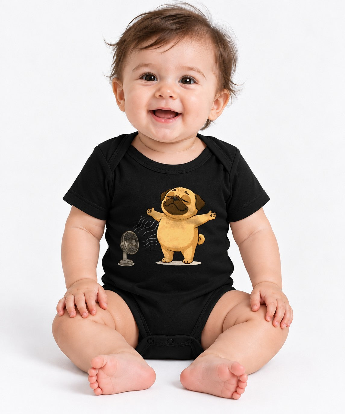 Chubby Pug Dog Cooling Down Electric Fan Summer Heat Humor - Black