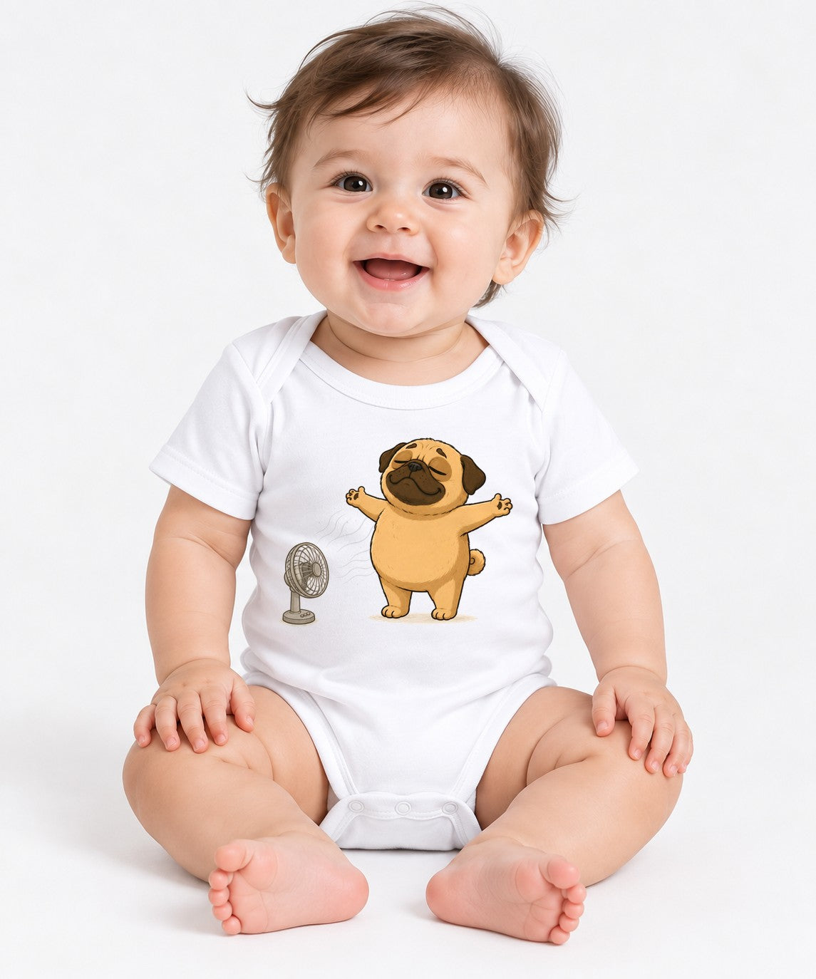 Chubby Pug Dog Cooling Down Electric Fan Summer Heat Humor - White