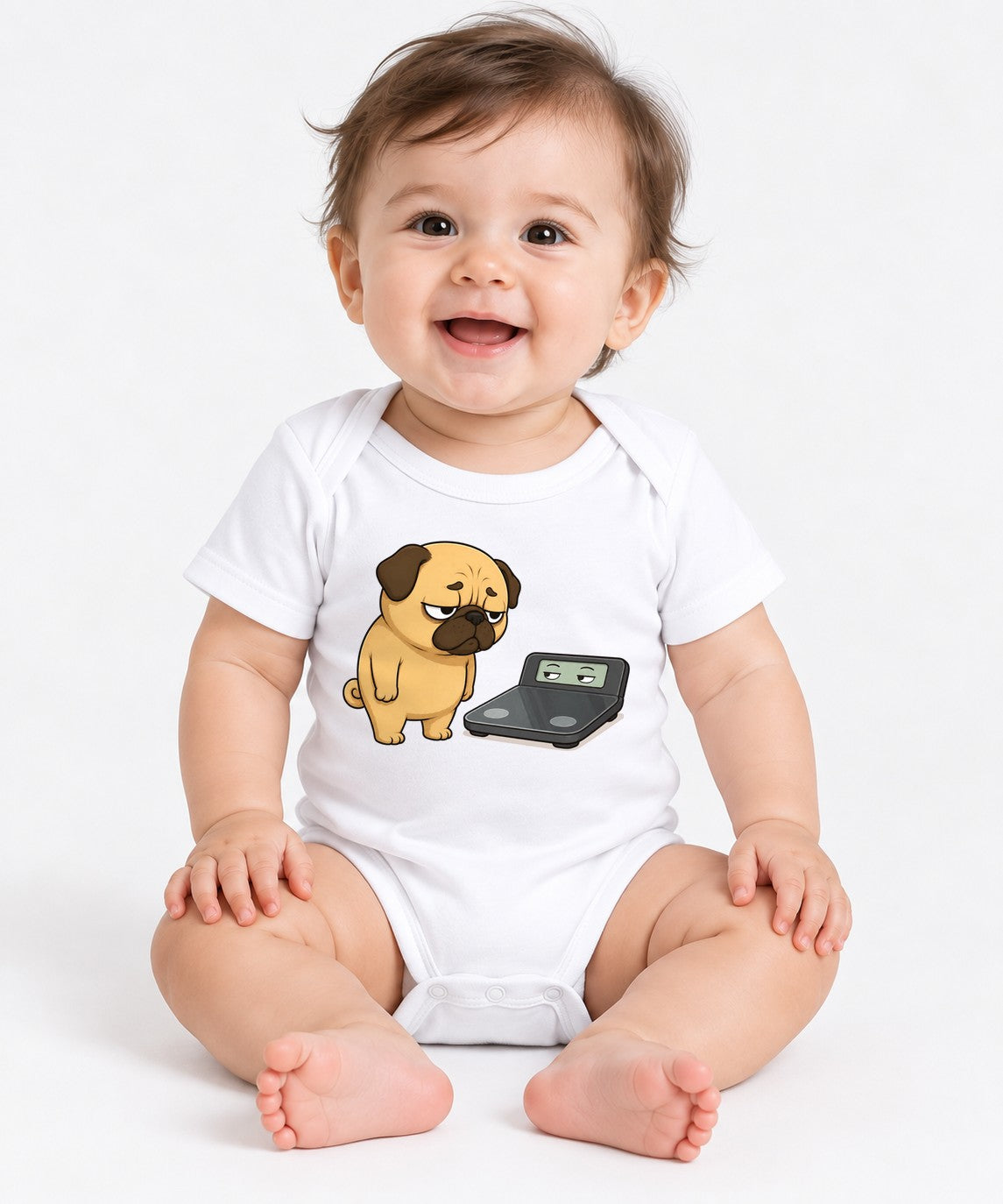 Chubby Pug Dog Weight Scale Staring Contest Funny Diet Fitness Humor - White