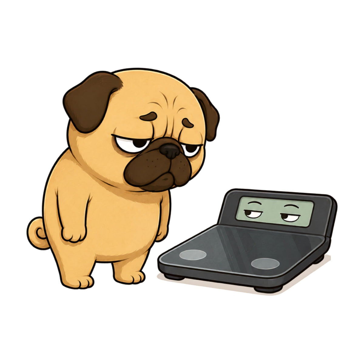 Chubby Pug Dog Weight Scale Staring Contest Funny Diet Fitness Humor