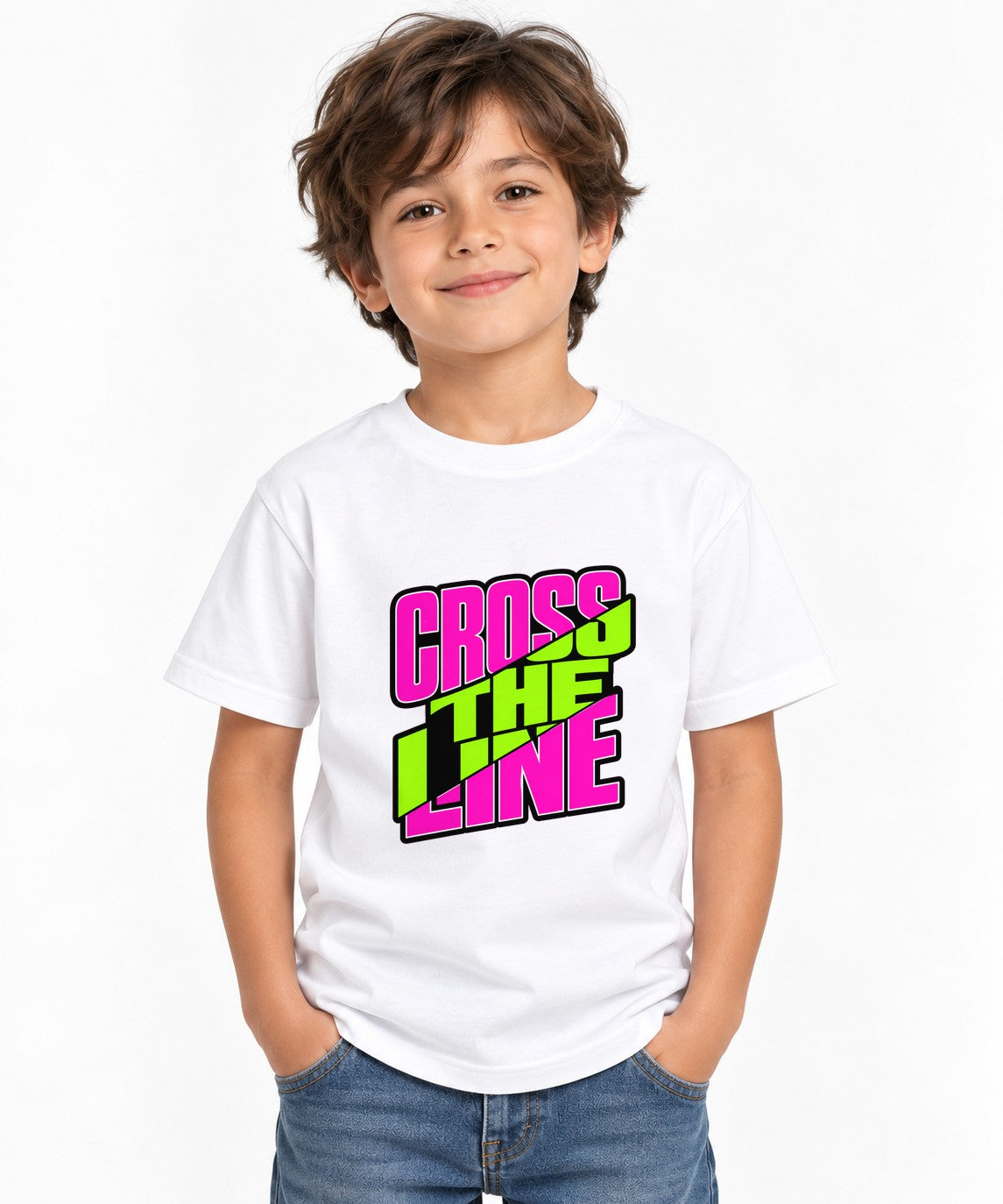 Cross The Line Retro Graphic Tee - Bold 80s Style Typography - White