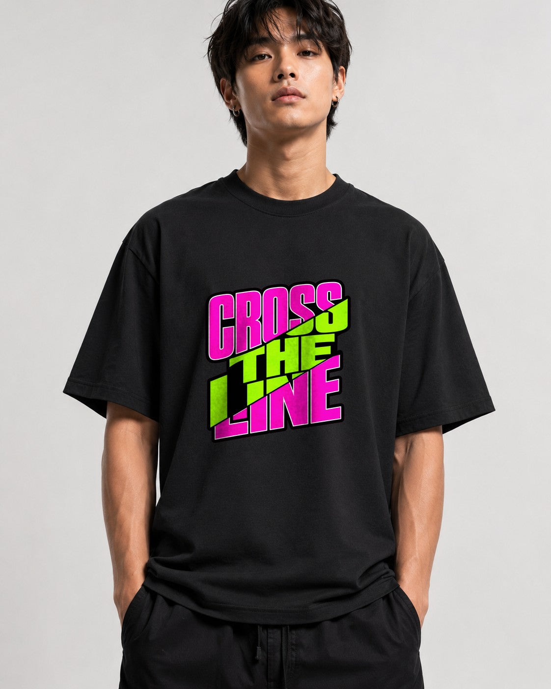 Cross The Line Retro Graphic Tee - Bold 80s Style Typography - Black