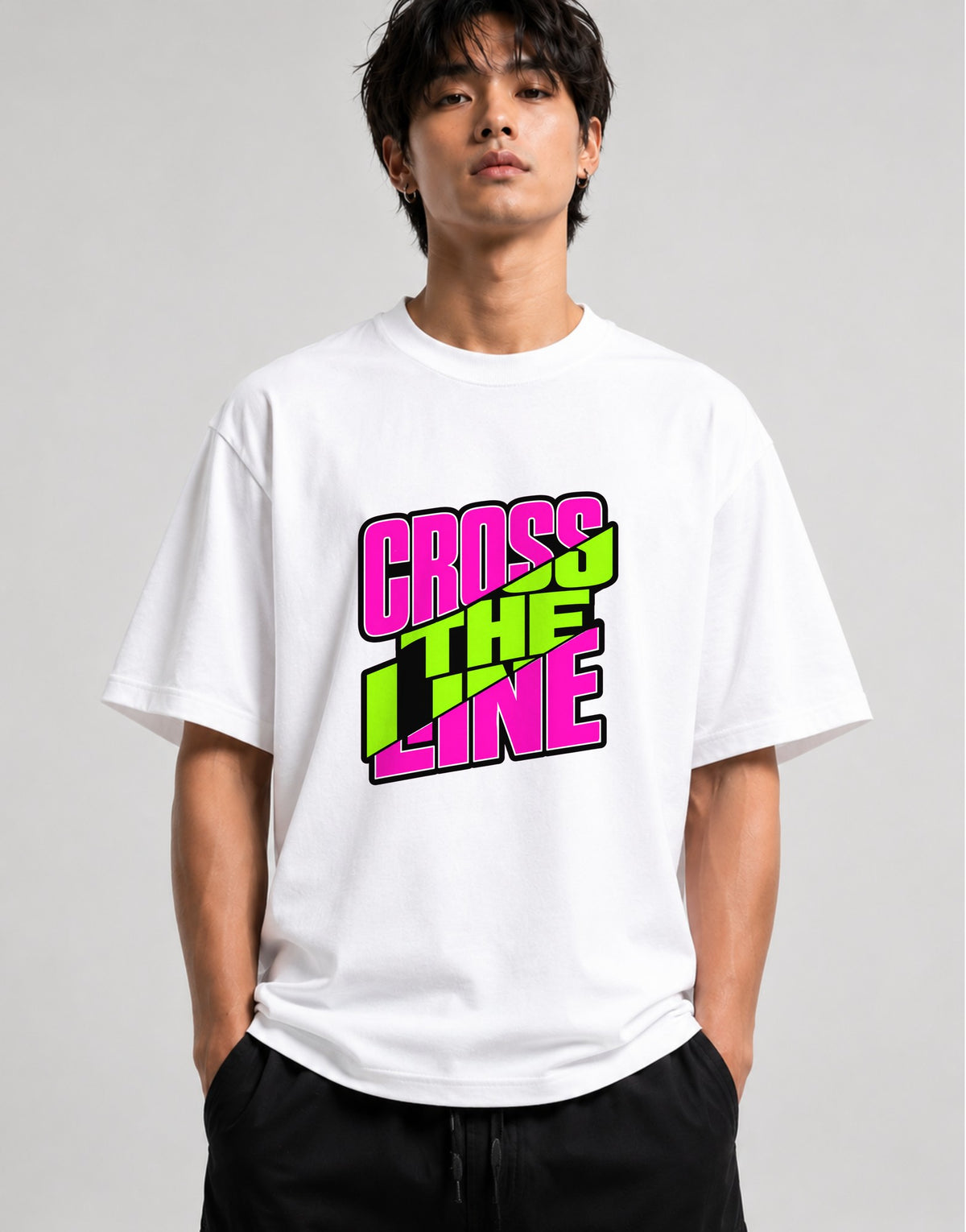 Cross The Line Retro Graphic Tee - Bold 80s Style Typography - White