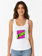 Cross The Line Retro Graphic Tee - Bold 80s Style Neon Design - White