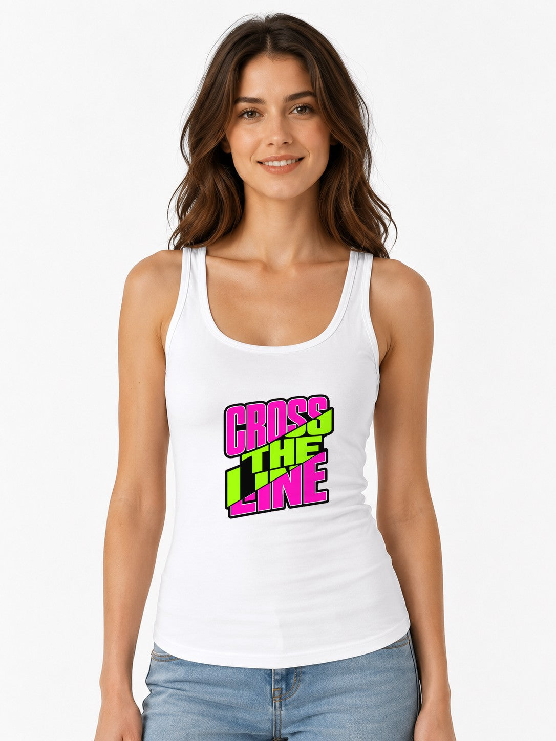 Cross The Line Retro Graphic Tee - Bold 80s Style Neon Design - White