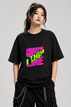 Cross The Line Retro Graphic Tee - Bold 80s Style Typography - Black