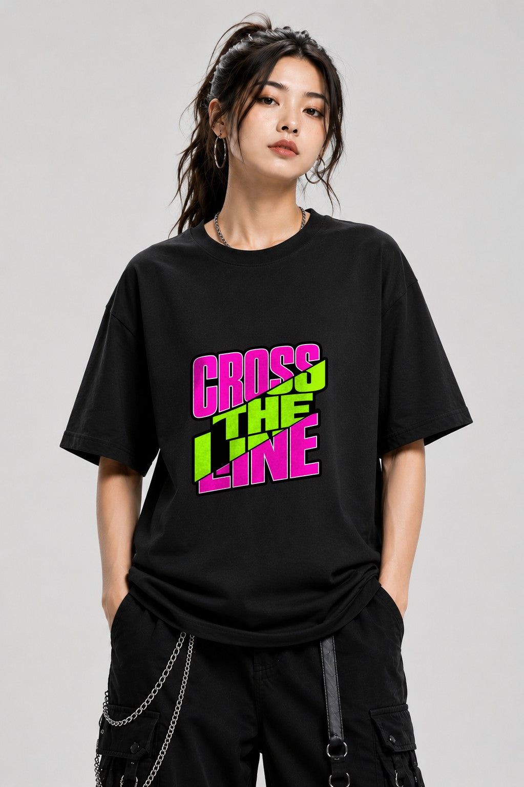 Cross The Line Retro Graphic Tee - Bold 80s Style Typography - Black