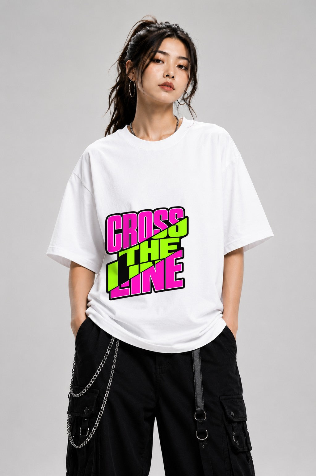 Cross The Line Retro Graphic Tee - Bold 80s Style Typography - White