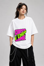 Cross The Line Retro Graphic Tee - Bold 80s Style Neon Design - White