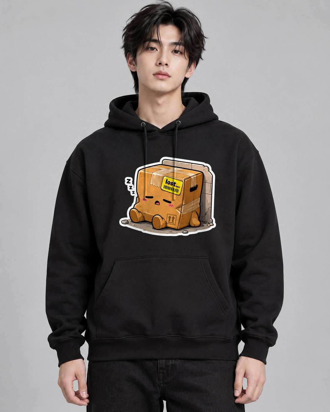 Cute Lost Package Sleeping Cardboard - Black