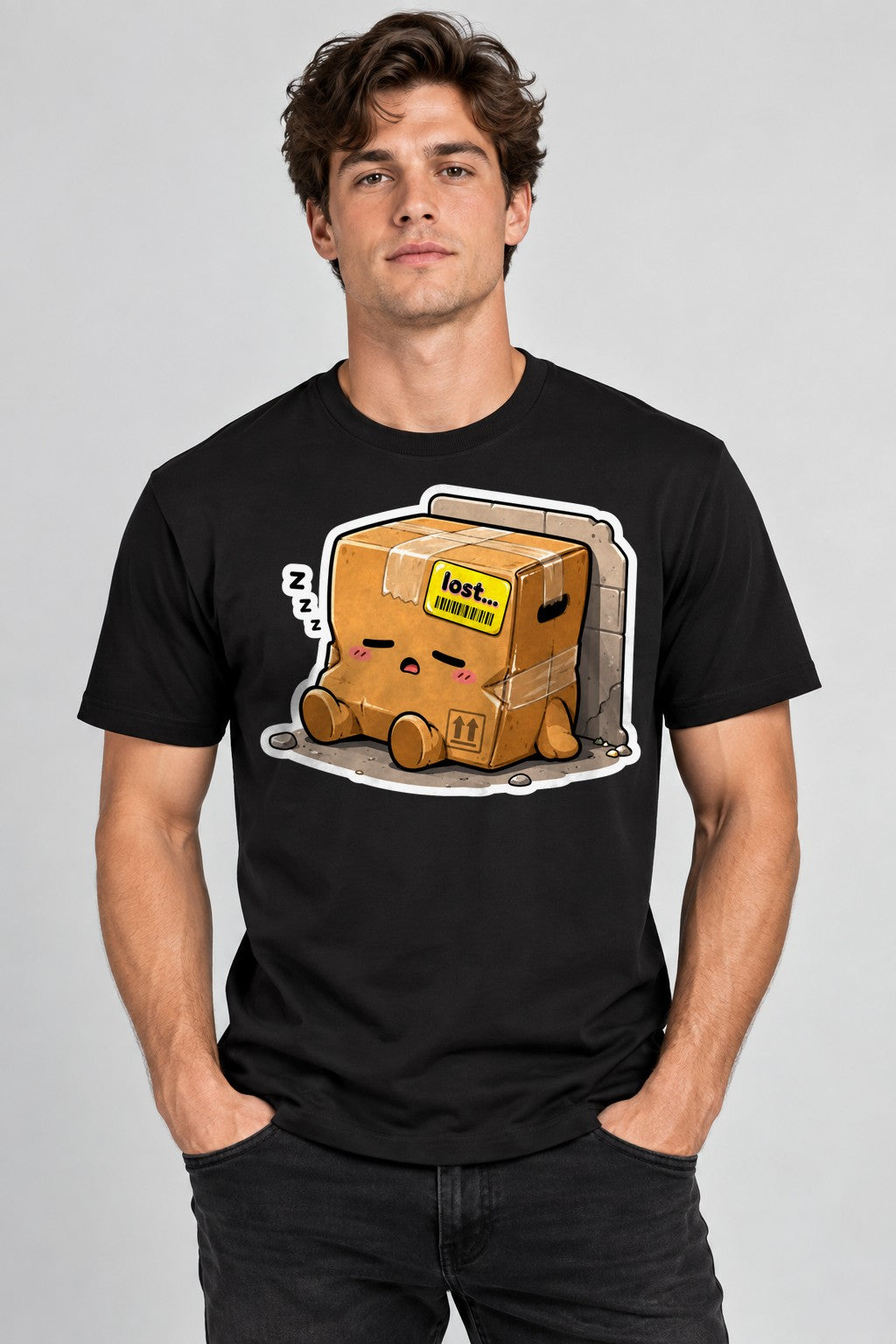 Cute Lost Package Sleeping Cardboard - Black