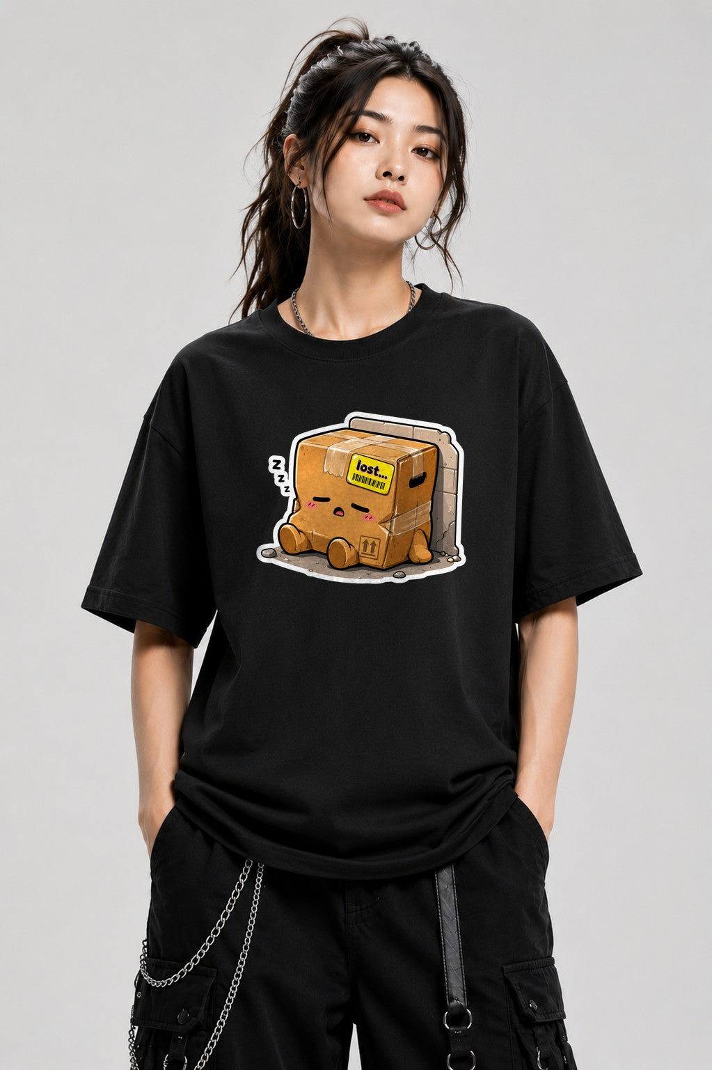 Cute Lost Package Sleeping Cardboard - Black