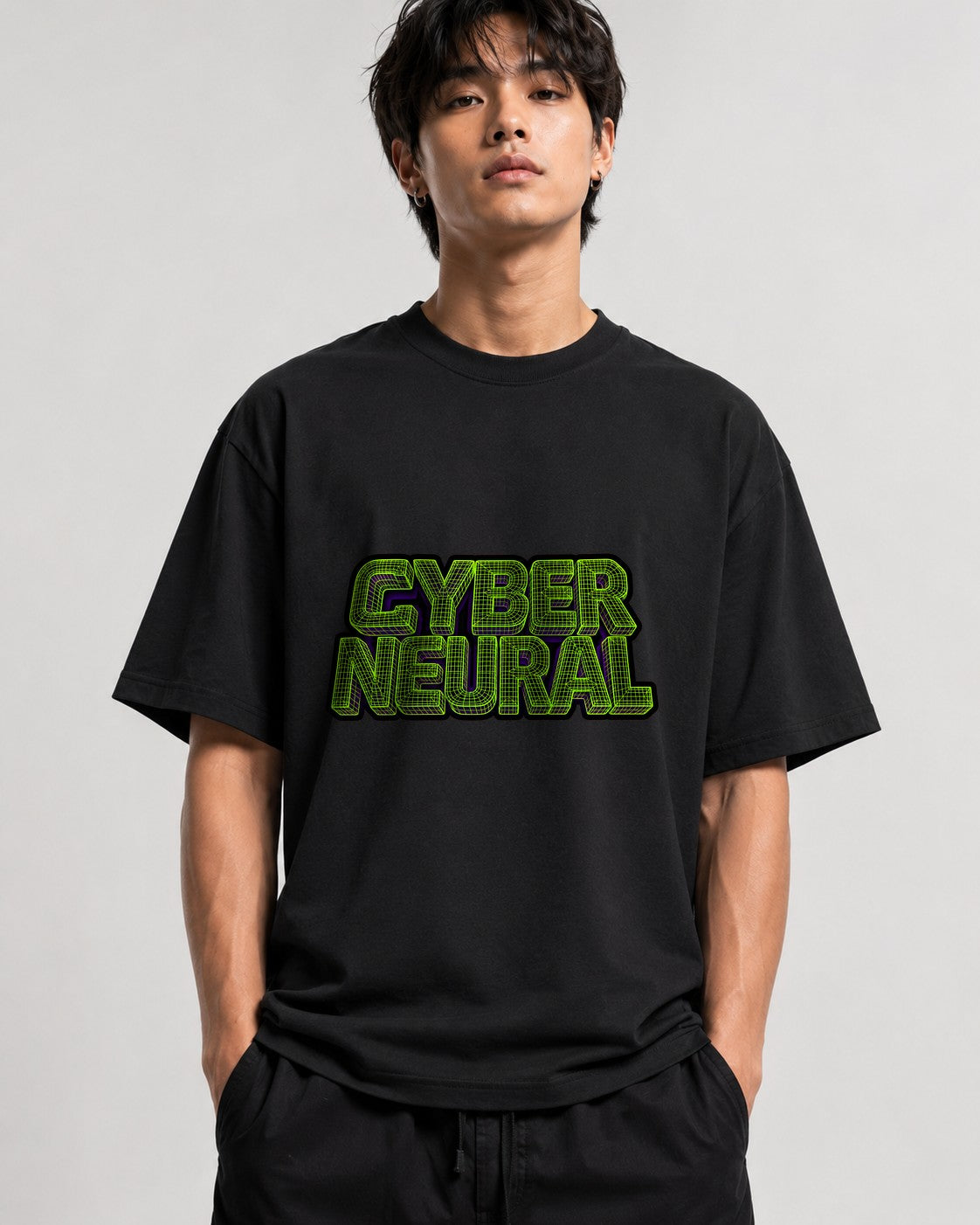 Cyber Neural Grid Shirt - Retro 80s Wireframe Vaporwave Style - Black