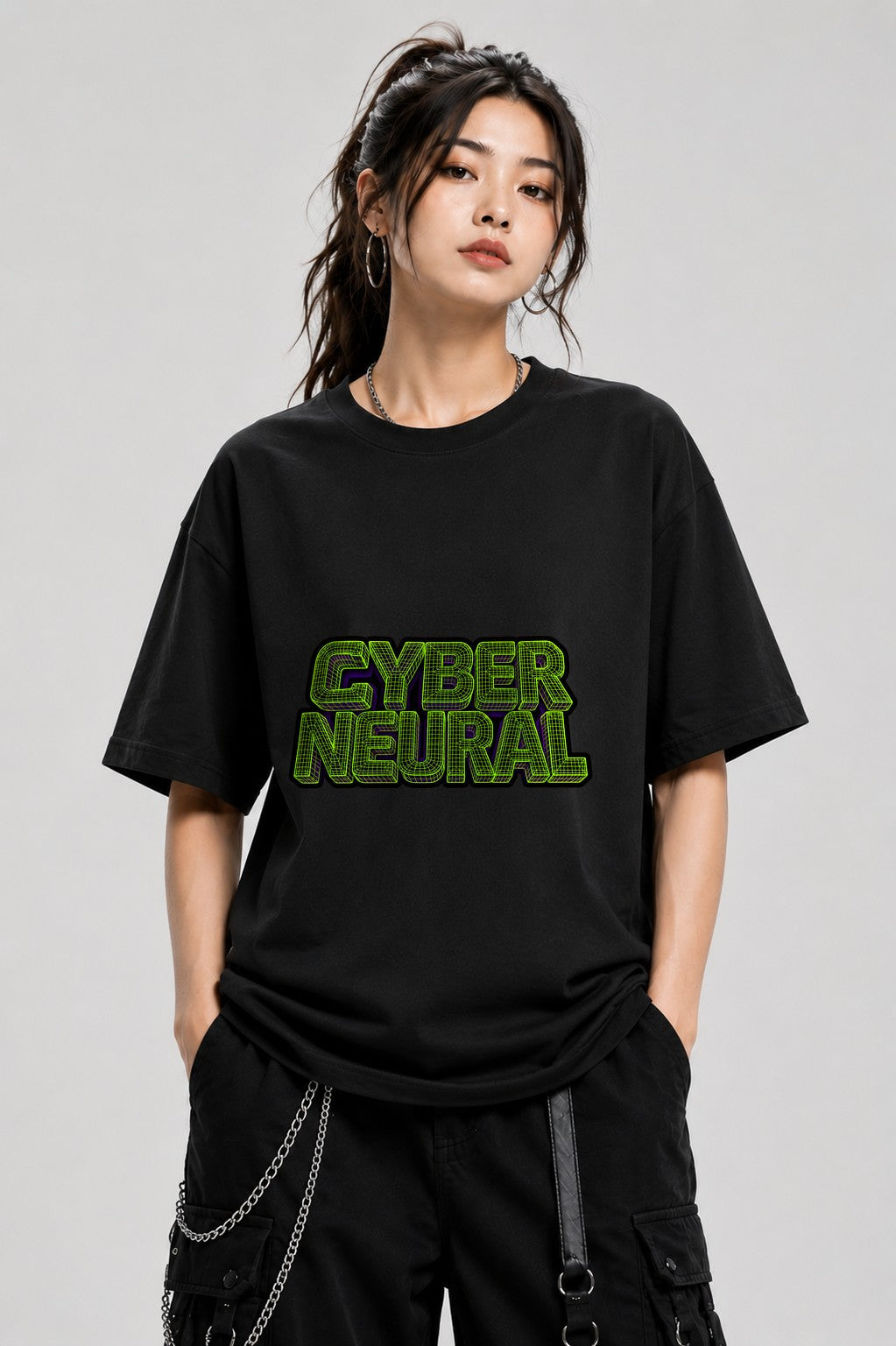 Cyber Neural Grid Shirt - Retro 80s Wireframe Vaporwave Style - Black