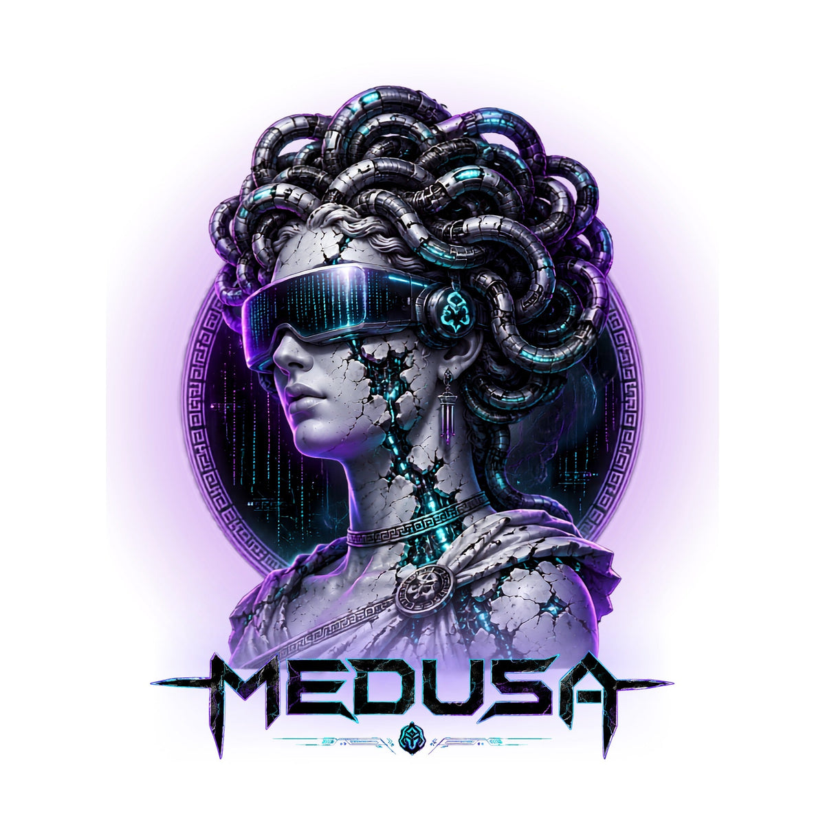 Cyberpunk Medusa Greek Statue Cyber Cables VR Visor Sci-Fi