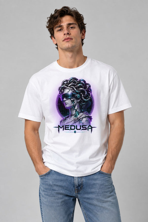Cyberpunk Medusa Greek Statue Cyber Cables VR Visor Sci-Fi - White
