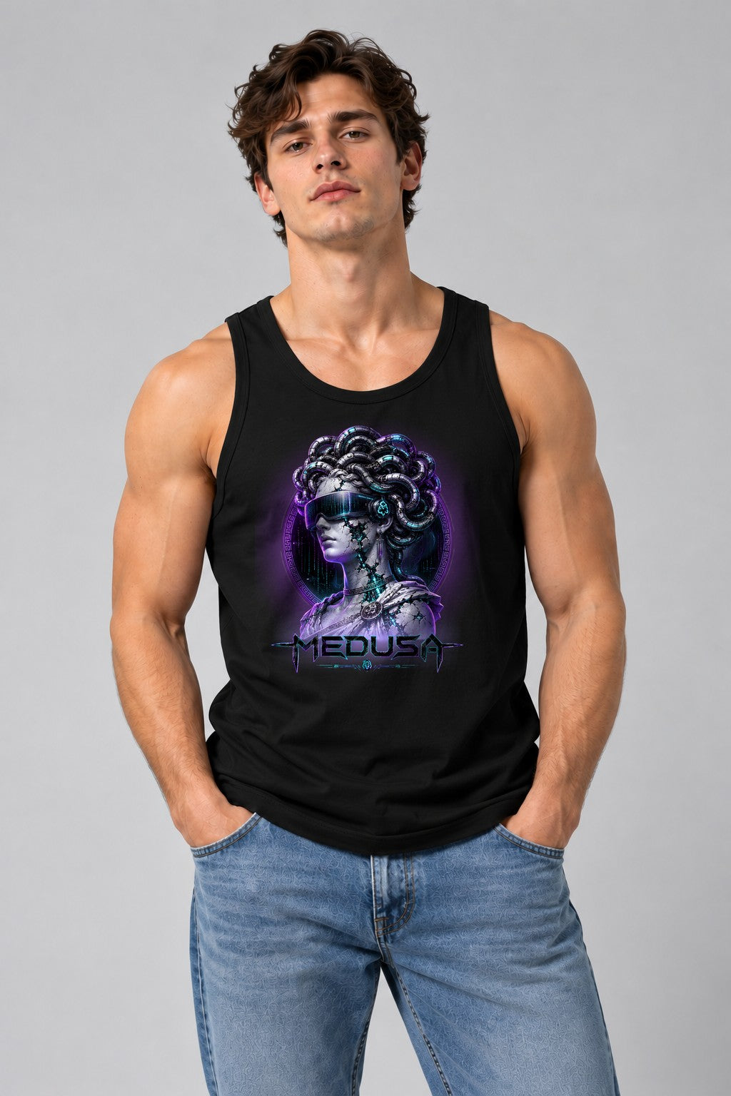 Cyberpunk Medusa Greek Statue Cyber Cables VR Visor Sci-Fi - Black