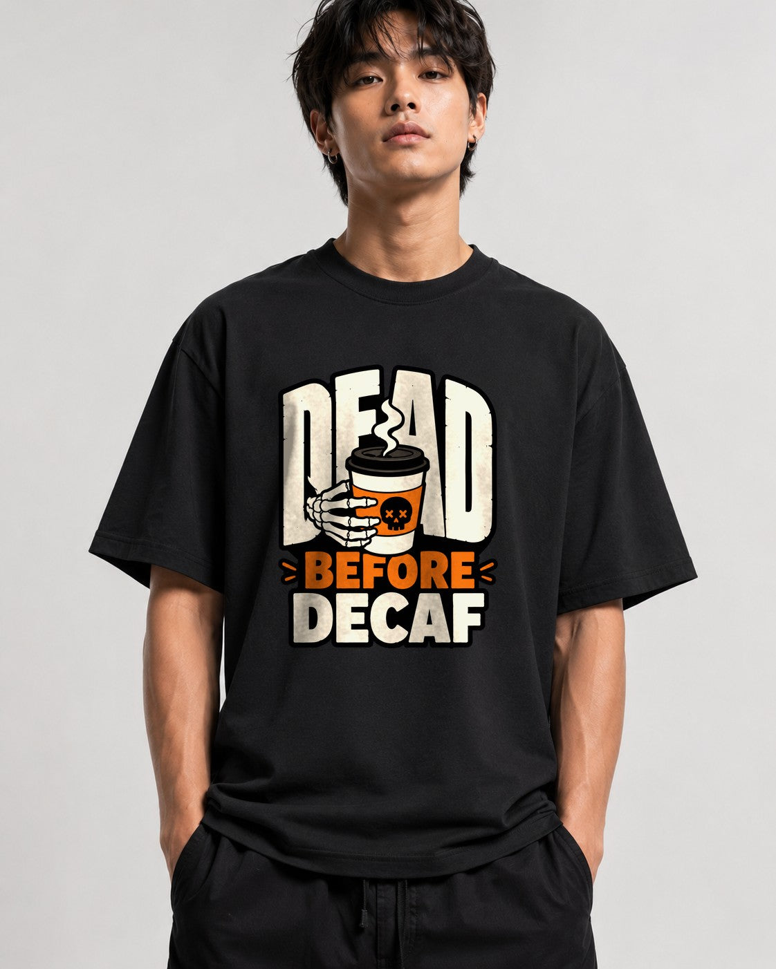 Dead Before Decaf Skeleton Coffee Shirt - Funny Caffeine Lover Tee - Black