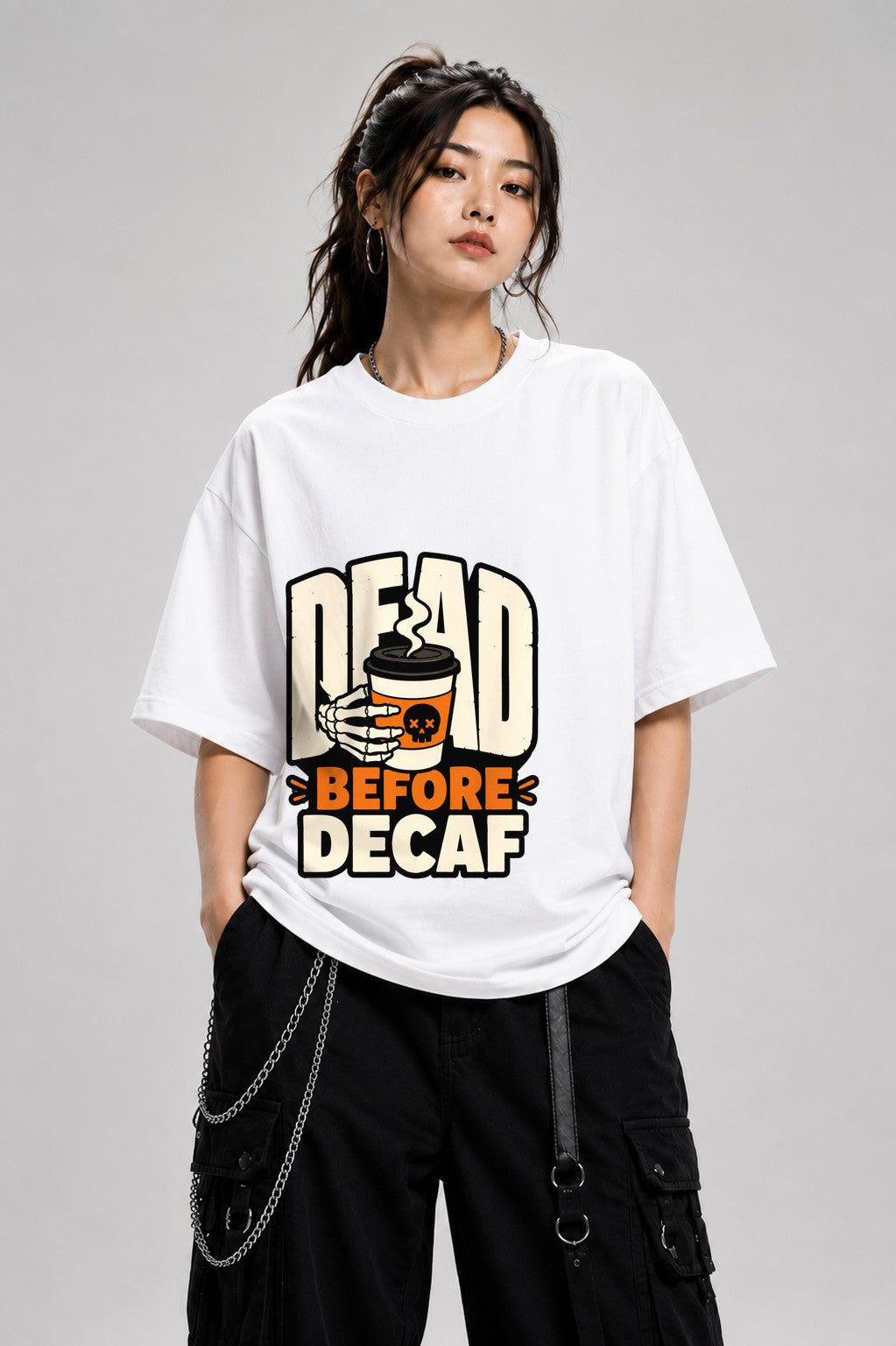 Dead Before Decaf Skeleton Coffee Shirt - Funny Caffeine Lover Tee - White