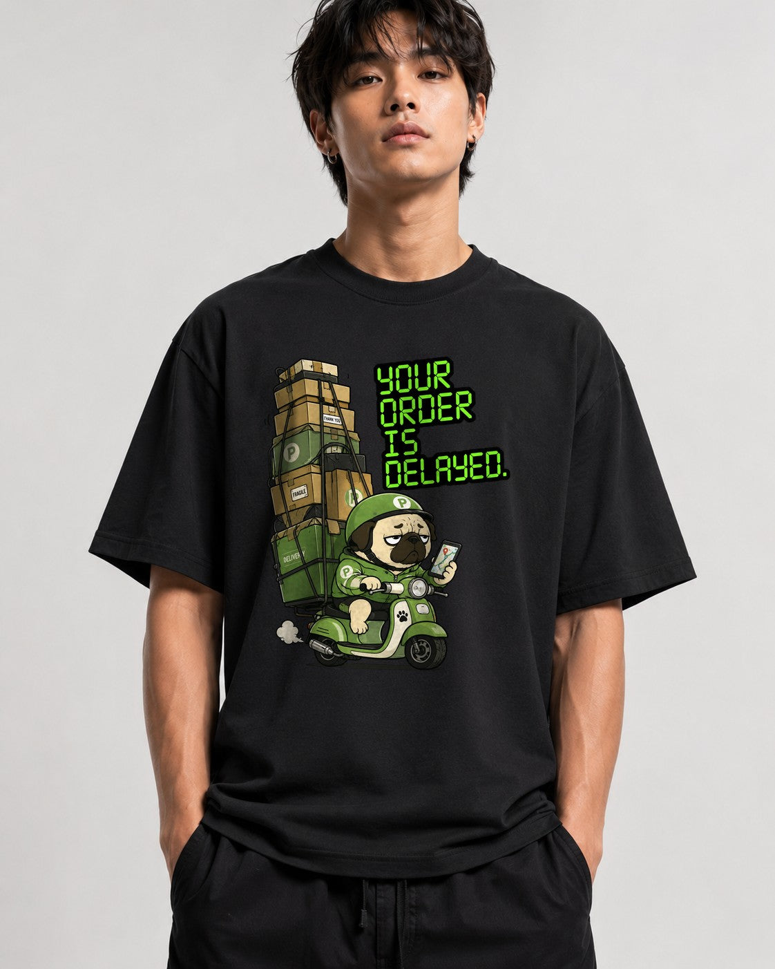 Delayed Delivery Pug Shirt - Funny Meme Graphic Tee - Black