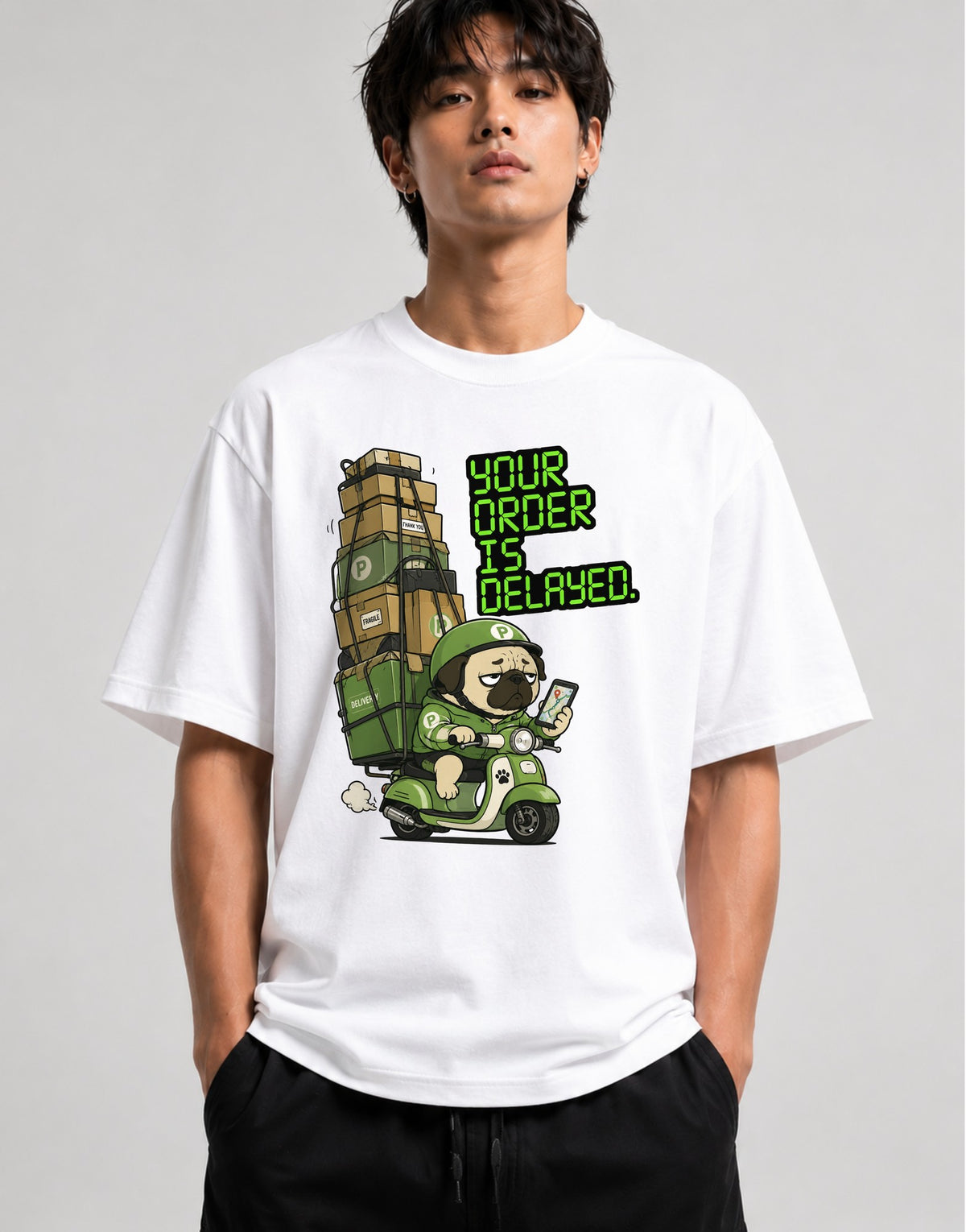 Delayed Delivery Pug Shirt - Funny Meme Graphic Tee - White