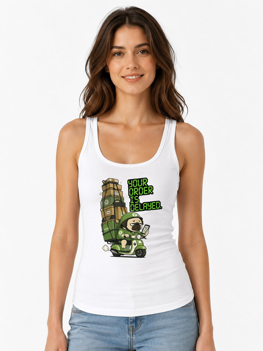 Delayed Delivery Pug Shirt - Funny Meme Graphic Tee - White