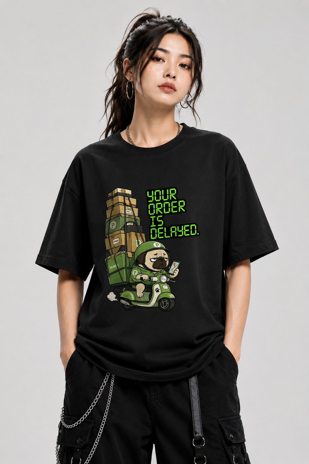 Delayed Delivery Pug Shirt - Funny Meme Graphic Tee - Black