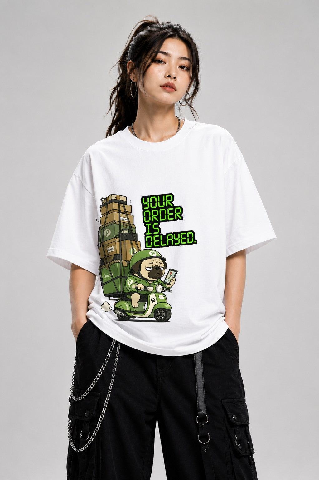 Delayed Delivery Pug Shirt - Funny Meme Graphic Tee - White