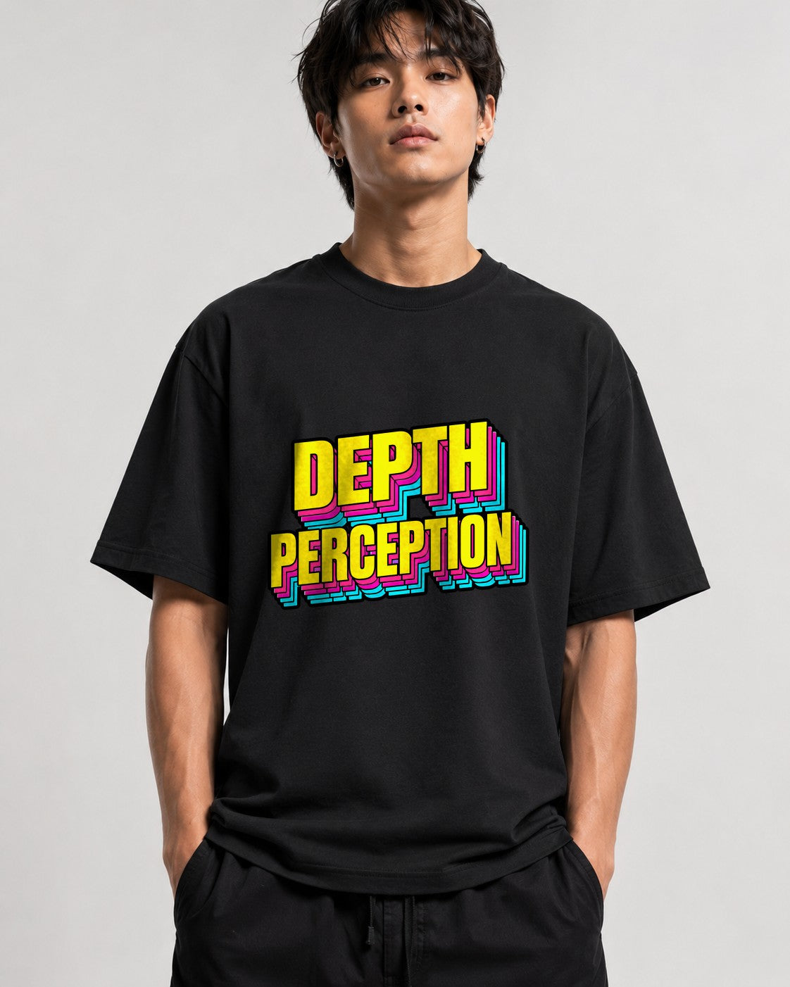 Depth Perception Retro Typography Shirt - 3D Layered Text Design - Black