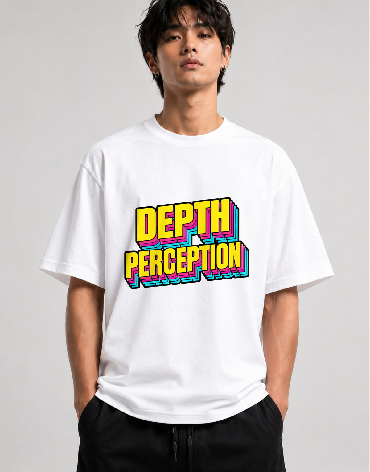 Depth Perception Retro Typography Shirt - 3D Layered Text Design - White