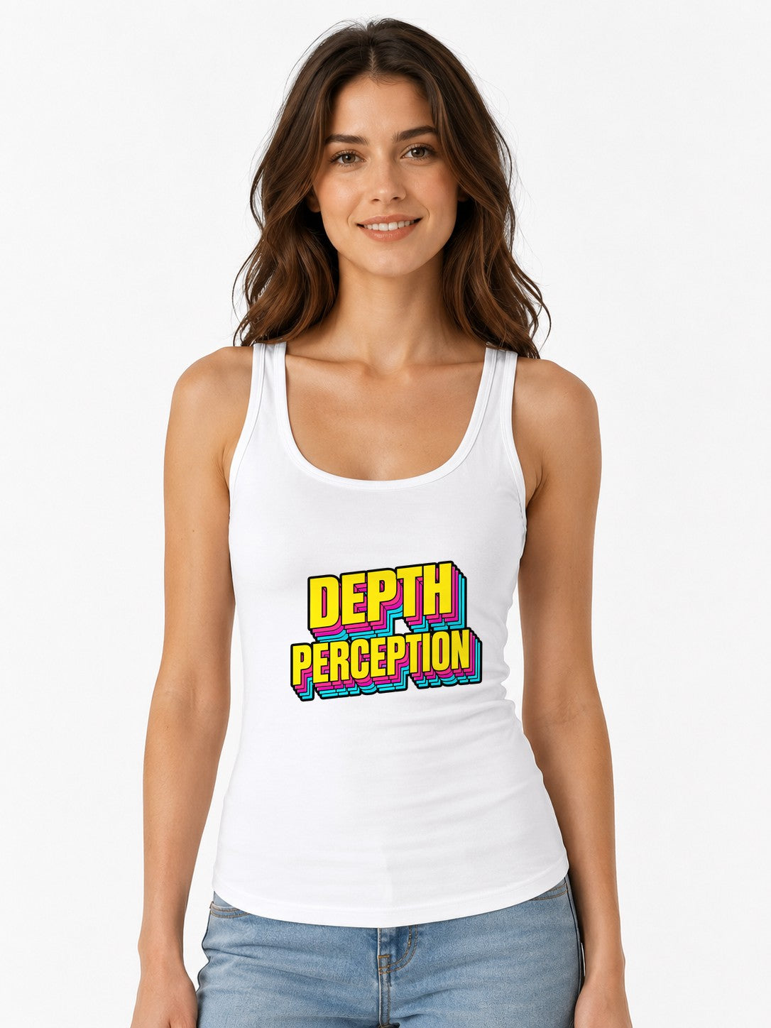 Depth Perception Retro Typography Shirt - 3D Layered Text Design - White