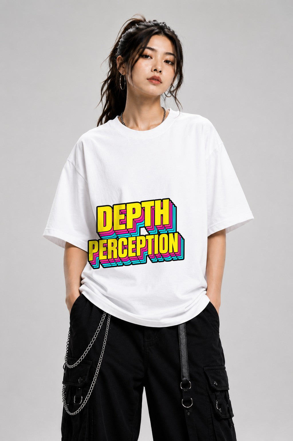Depth Perception Retro Typography Shirt - 3D Layered Text Design - White